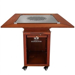 Le contour bois agrandit efficacement la surface de votre brasero plancha (mise en situation, roulettes vendues séparément).