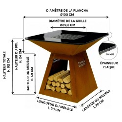 Dimensions de notre Brasero La Patelle avec plancha carrée