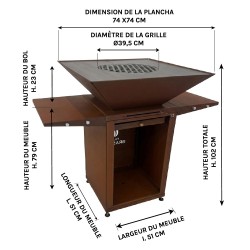 Dimensions du Brasero en Acier Corten avec plancha carrée en Inox