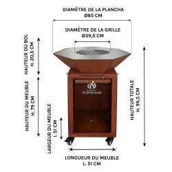 Dimensions du Brasero Medium Heptagonal en Acier Corten et plancha en Inox sans les deux tablettes latérales amovibles