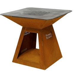 Le brasero plancha La Patelle est en Acier Corten et a une plancha carrée.