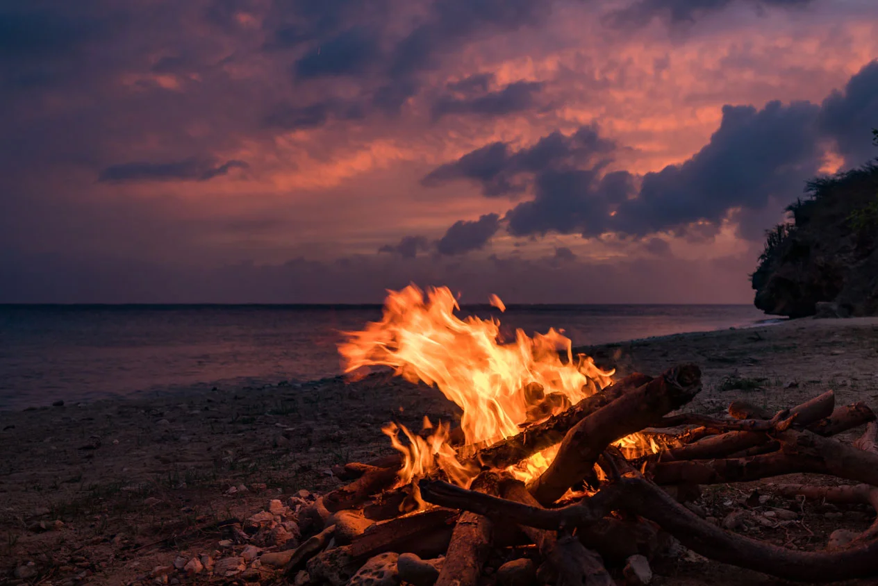 feu sur une plage au bord de l'eau