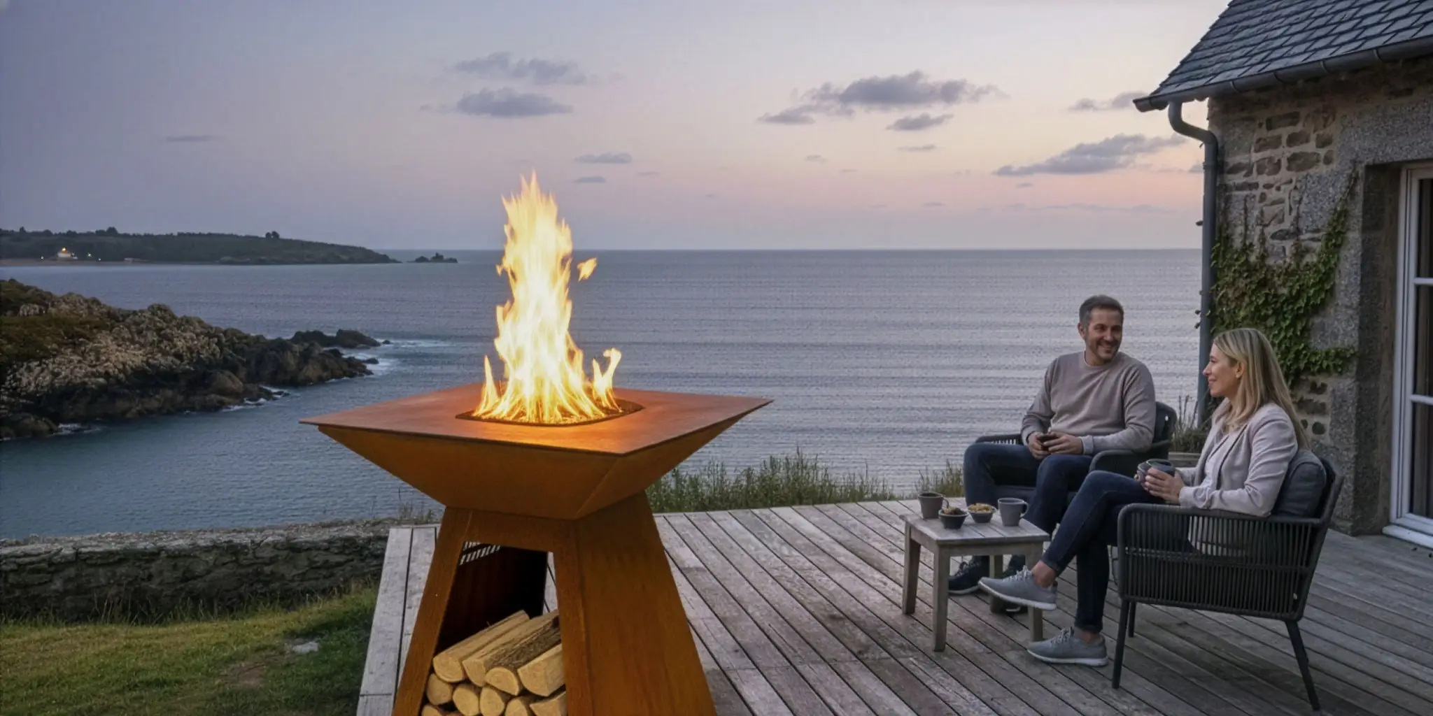 deux personnes assises sur une terrasse avec un brasero allumé