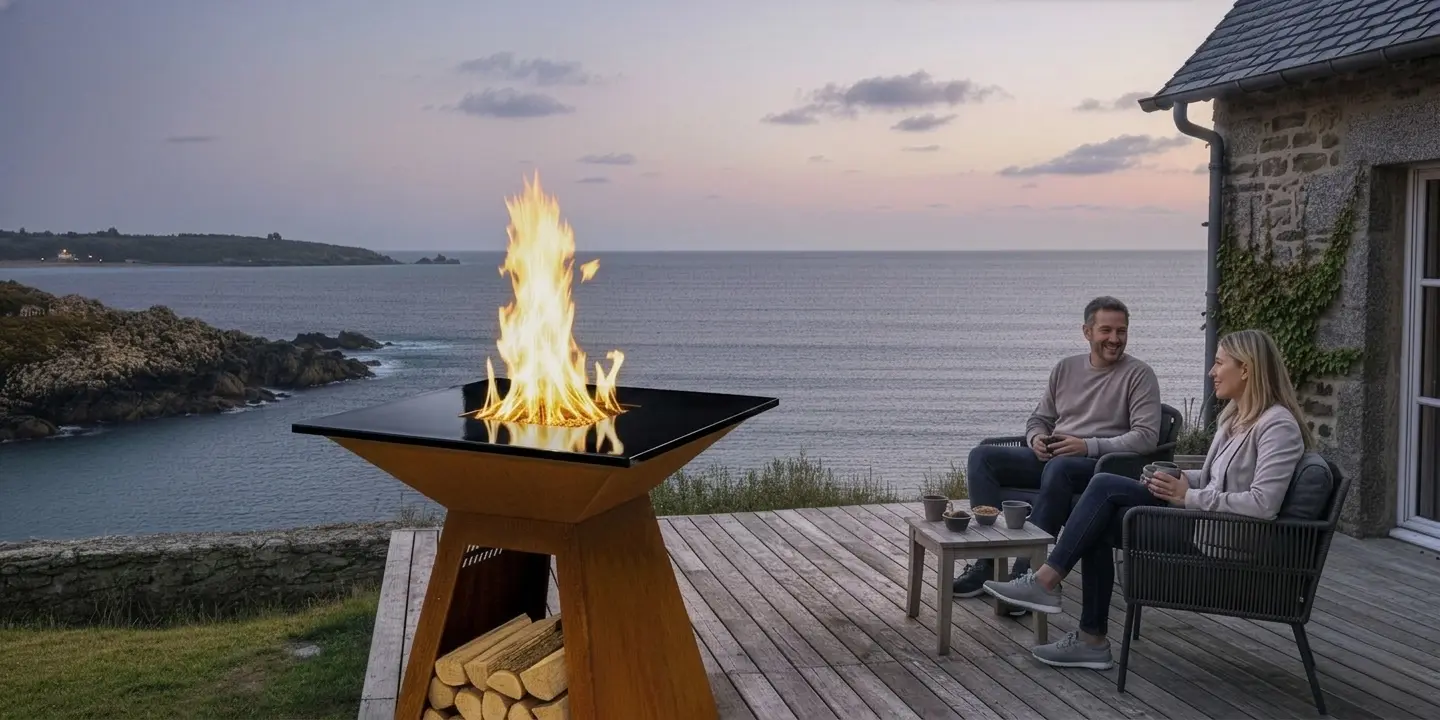 deux personnes assises sur une terrasse avec un brasero allumé